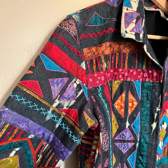 Chicos Design Vintage Embroidered Artsy Silk Patchwork Denim Jacket - Picture 4 of 11